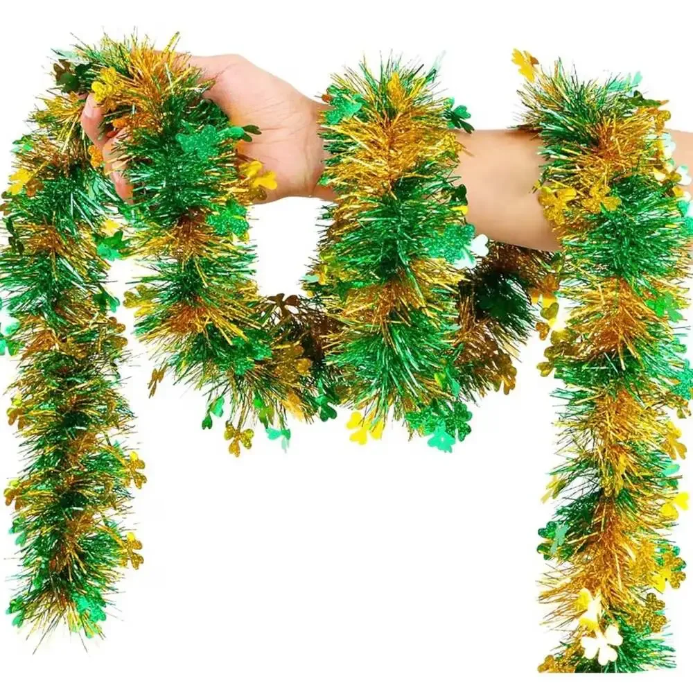 FOIMAS 33 Feet St. Patrick's Day Shamrock Tinsel Garland Green and Gold